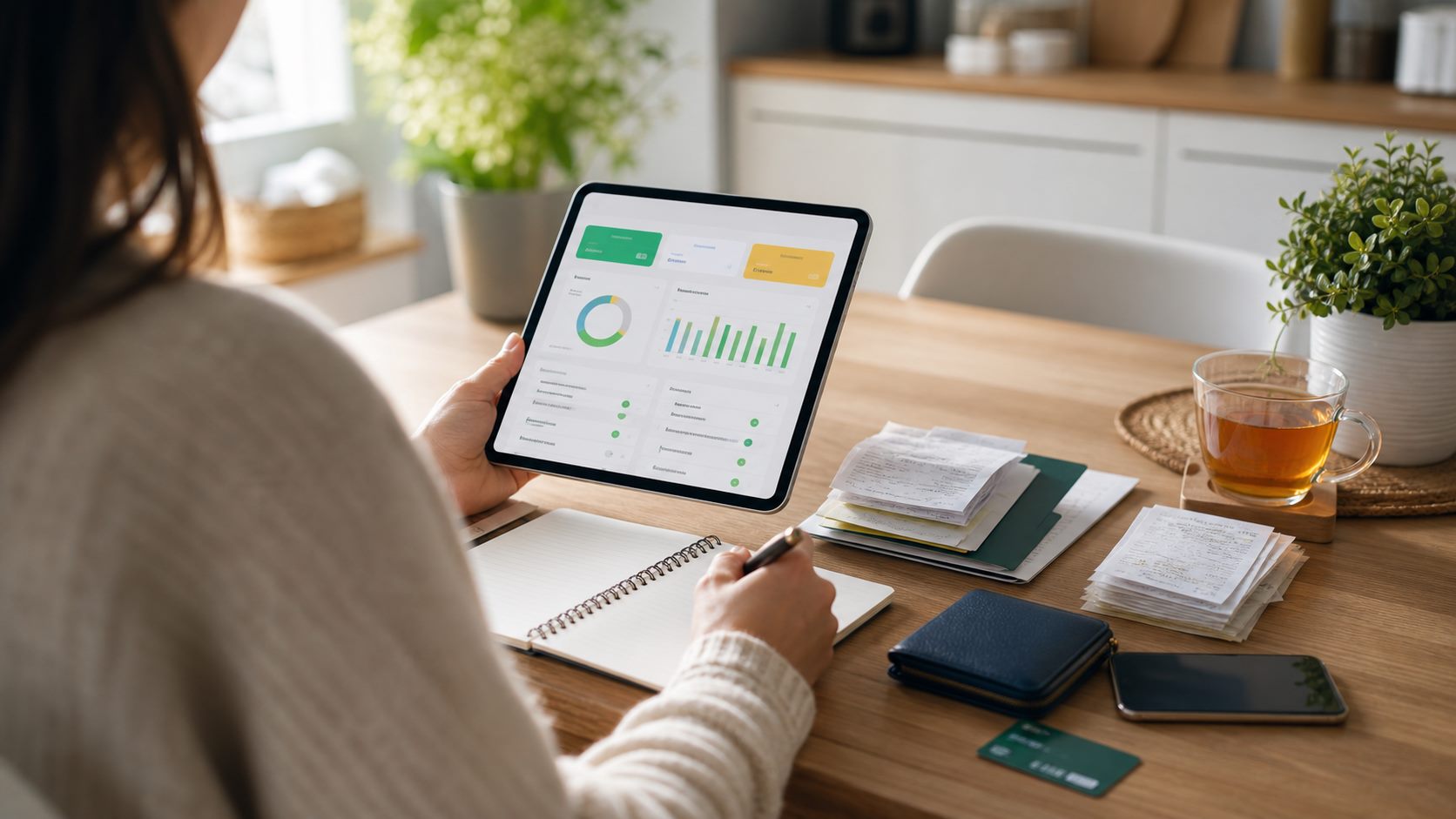 Privatperson ordnet Haushaltsbudget mit Tablet und Unterlagen